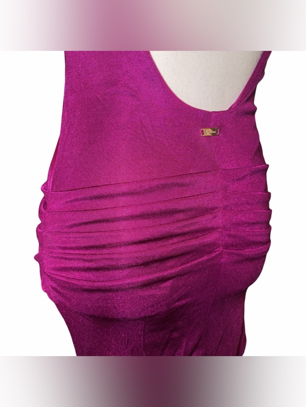 Y2K Vintage Marciano Open Tie Back Ruched Pleated Bodycon Fuchsia Mini Dress - Picture 4 of 9